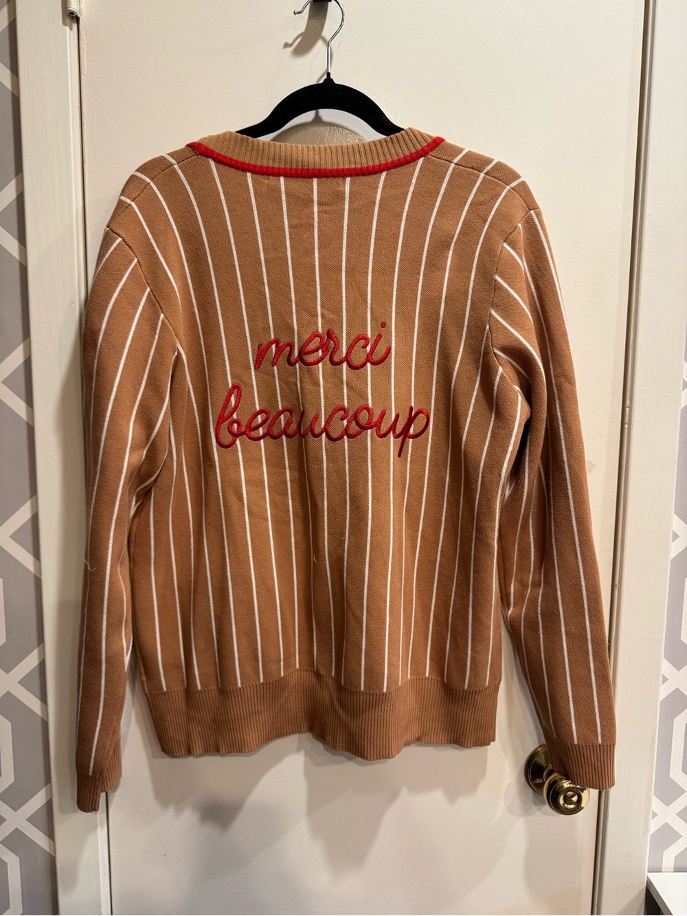NWT Size L English Factory Tan Striped Cardigan with Red Script “Merci Beaucoup”